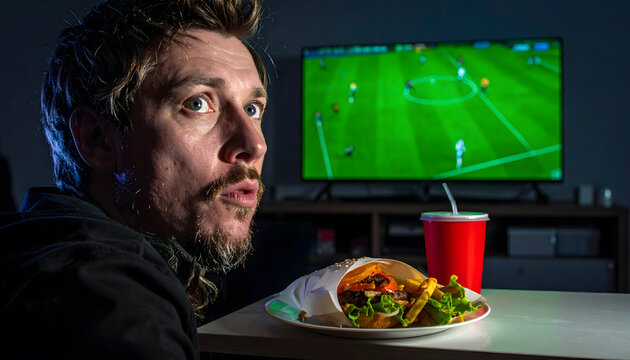 Eating burger and fries at night while watching television cozy dark room comfort food mood