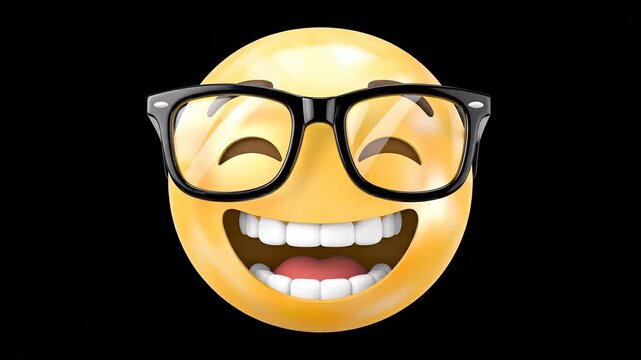Animated Yellow Nerd Face Emoji Wearing Black Glasses Laughing Joyfully On A Black Background