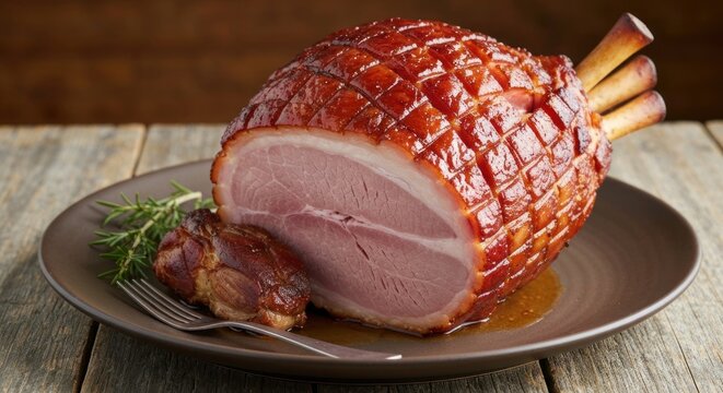 Glazed ham on plate with fork and garnish, rustic wooden background