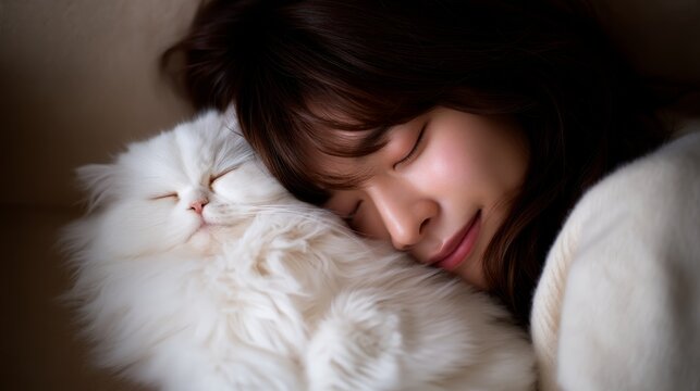 Serene Asian Woman Resting on Sofa with Cat, Embracing Calm Wellbeing in Soft Window Light - 85mm Candid Shot with Copy Space