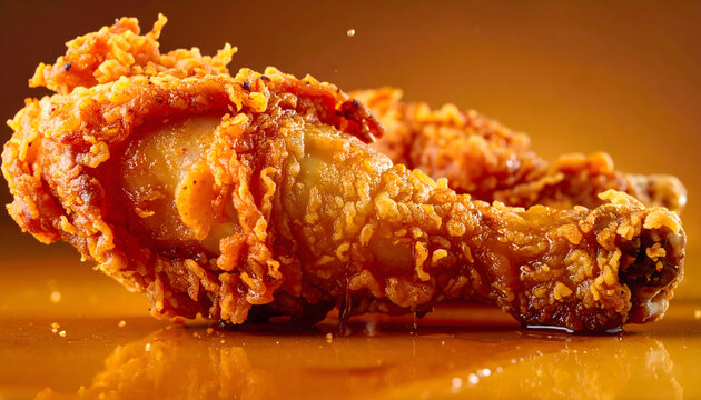 Unhealthy Food, Crispy fried chicken macro oily texture golden crunch juicy meat appetizing comfort food