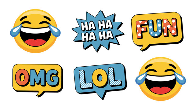 Fun collection of laughing crying emojis and expressive text speech bubbles vector illustration