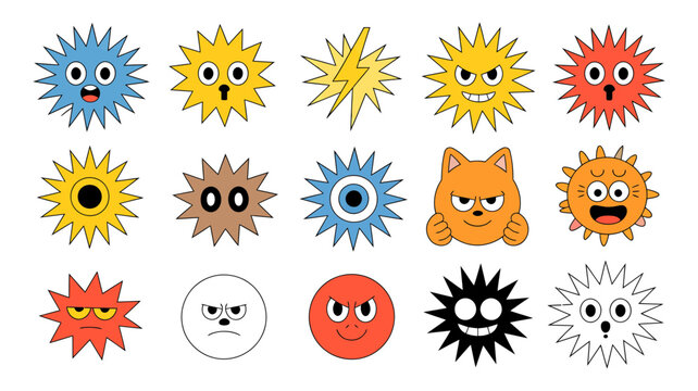 Assortment of colorful cartoon faces and whimsical spiky creatures displaying various emotional expressions illustration