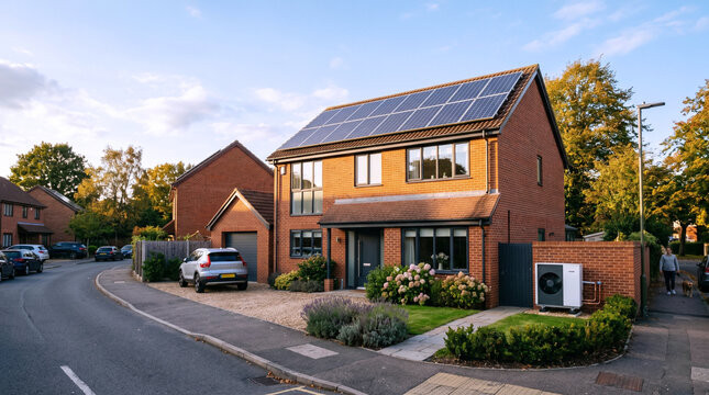 Modern British Red Brick Home with Rooftop Solar Panels and Air Source Heat Pump in Suburban Street at Golden Hour