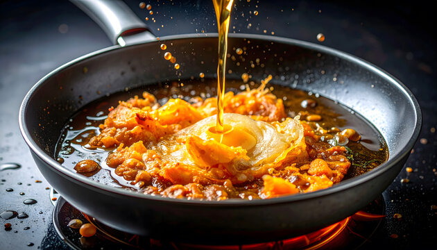 Frying food with oil splash close up dynamic cooking action crispy texture kitchen scene