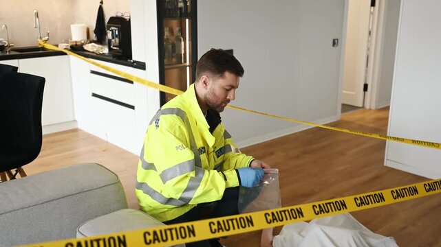 Forensic investigator in a police jacket analyzes evidence at a crime scene, with caution tape marking the area around a covered body on the floor