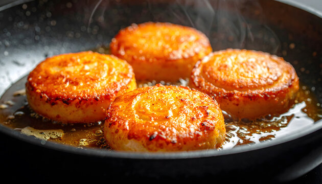 Unhealthy Food, Greasy food cooking in pan macro detail oily texture sizzling unhealthy indulgent scene