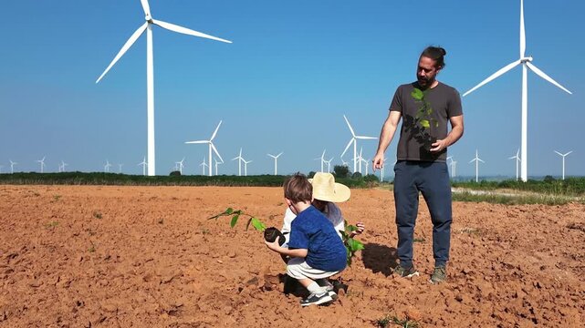 People planting a young tree in a dry field beside a wind farm under a clear blue sky, blending reforestation with clean energy