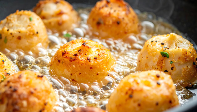 Unhealthy Food, Greasy food cooking in pan macro detail oily texture sizzling unhealthy indulgent scene
