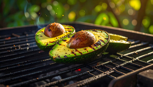 Grilled avocado halves on barbecue grill healthy food concept fresh plant based cooking scene