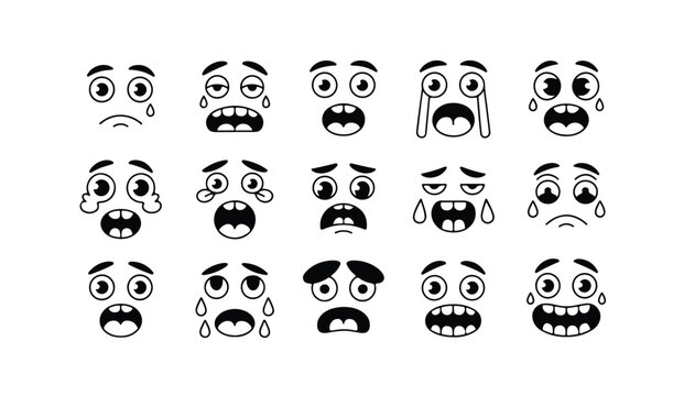 Cartoon style crying and shocked face collection with detailed eyes and big open mouths.