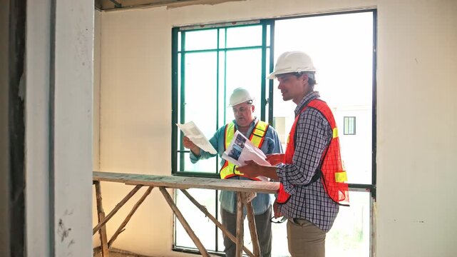 Two construction workers in hard hats and safety vests review plans inside a building under renovation, standing by scaffolding near a window frame during an on-site inspection.
