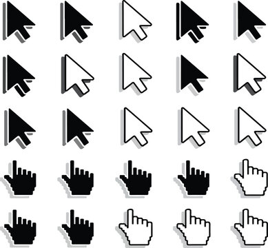 Mouse click cursor icon set. Cursor set in hand and arrow forms. Pixel cursor icon.eps