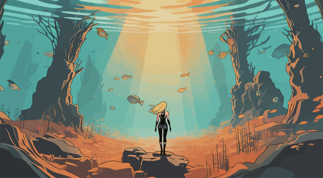 Underwater Landscape with Silhouetted Figure and Sunlight