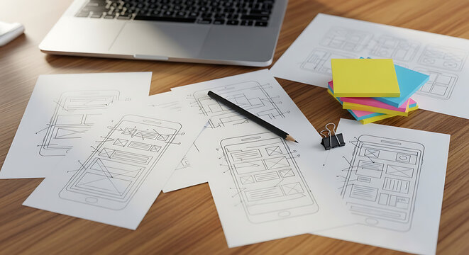 Creative design process for mobile app user interface Wireframes on a wooden desk with laptop