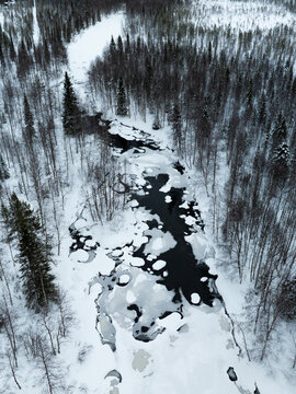 Aerial view of a winding frozen river with dark water patches flowing through a dense snow-covered coniferous forest in Lapland, Finland.