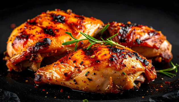Grilled chicken surface texture with dramatic lighting highlighting juicy charred meat detail