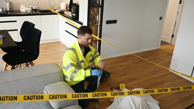 Police detective in reflective jacket collects evidence at a murder scene, surrounded by caution tape and a body outline on the floor