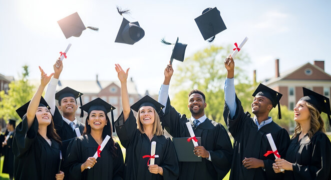 Diverse university graduates tossing caps in celebration outdoors