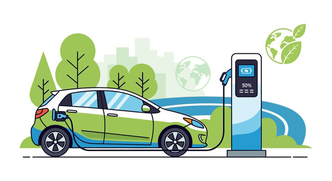 Electric car charging at eco-friendly station with green city background and earth icon