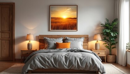 Fototapeta premium Cozy bedroom features wooden bed with grey linens and orange accent pillow. Landscape artwork hangs above headboard. Two bedside lamps provide warm light. Indoor plant adds natural touch.