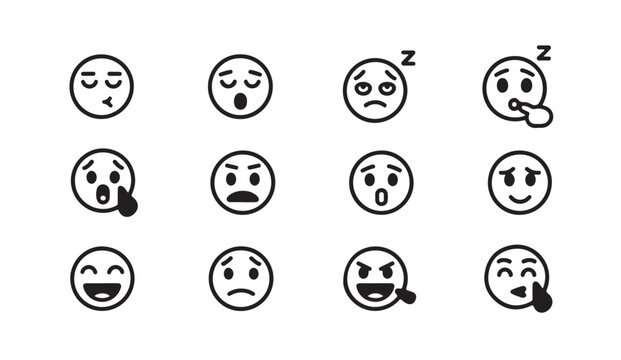 Variety of emoticons showing different emotions like joy, sadness, anger, and sleepiness transparent background.