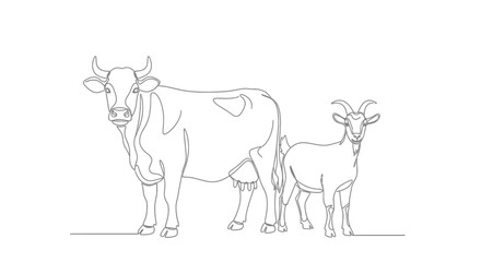 Fototapeta premium Line art illustration of a cow and goat standing side-by-side on a white background.