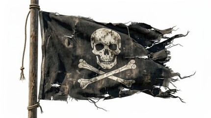 Fototapeta premium A torn pirate flag isolated on a white background, weathered black banner with skull-and-crossbones motif and adventurous seafaring mood, ultra-realistic, no logos.
