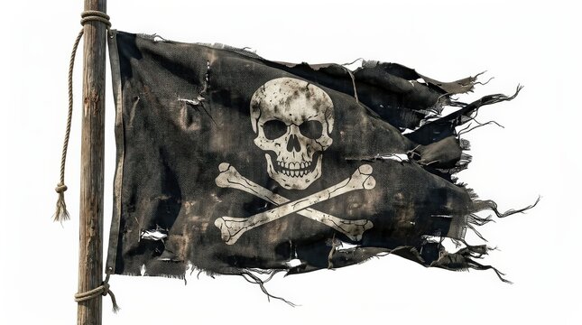 A torn pirate flag isolated on a white background, weathered black banner with skull-and-crossbones motif and adventurous seafaring mood, ultra-realistic, no logos.