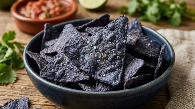 Blue corn tortilla chips close up, rich crunchy texture and snack food concept, bold color, studio lighting, realistic detail, no logos