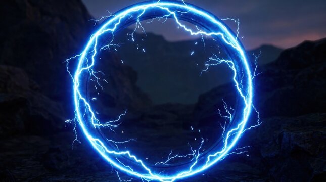 A realistic blue lightning ring crackles with plasma energy, electric discharges racing around a circular portal glowing with charged intensity, ultra-realistic, no logos.
