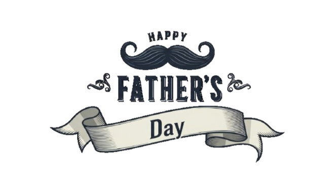 Happy Father&rsquo;s Day badge emblem design, vintage style, ribbon and mustache elements, dark textured background, elegant vector illustration, print ready composition white background