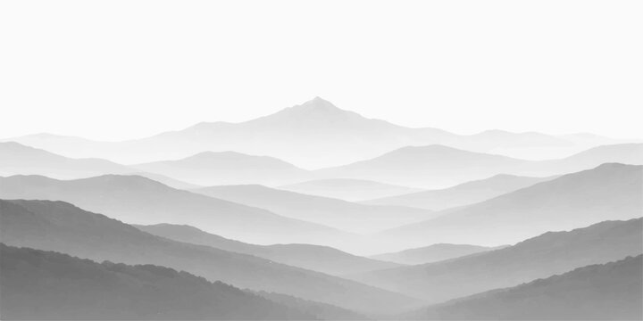 Black and white mountain landscape: misty layered hills soft gradient peaks serene nature scenic background minimalist view