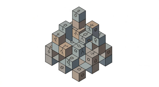 Abstract isometric 3D pyramid of stacked geometric cubes with symbolic glyphs, representing complex data or digital puzzle