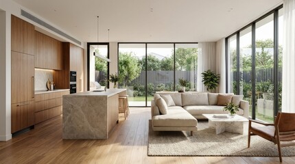 Fototapeta premium Modern kitchen and living room interior, open-plan home design with stylish furnishings and natural light, realistic interior detail, no logos