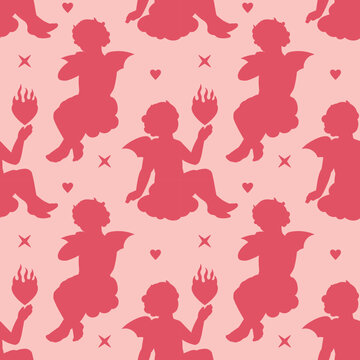 A flirty fun anti-romantic seamless background of devil Cupid silhouettes with hearts in a flame. A coquette core pink tone backdrop for alternative Valentine's designs.
