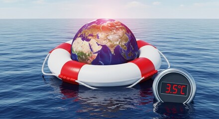 Naklejka premium Earth Floating in a Life Preserver, Climate Change Concept.