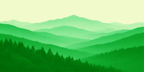 Fototapeta premium Green mountain landscape: layered hills forest valley gradient peaks serene nature scenic background minimalist illustration