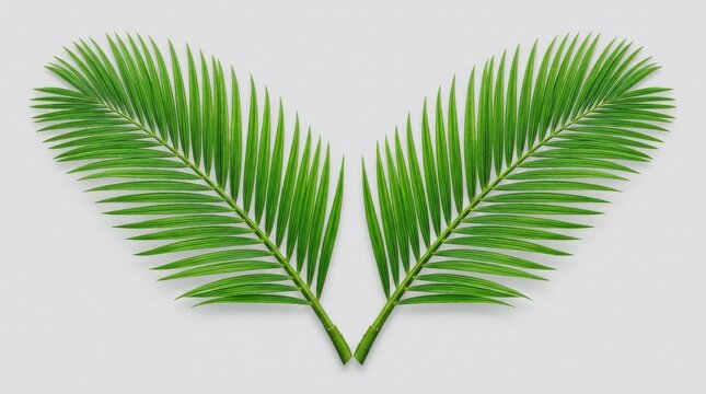 Two fresh green palm leaves form a symmetrical V shape, crisp veins and balanced composition creating a refined Palm Sunday symbol isolated on a transparent background, ultra-realistic, no logos.