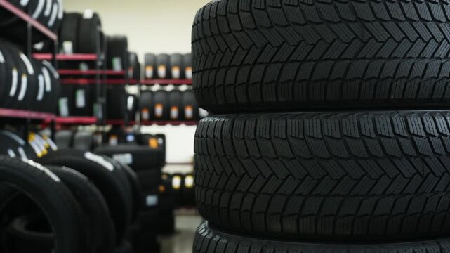 Stack of black rubber tires displayed in a tire shop with shelves filled with additional tires in the background, showcasing various tread patterns and sizes