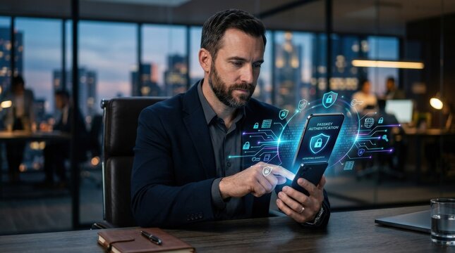 A professional man taps a smartphone for secure passkey authentication, glowing encryption symbols and refined cybersecurity lighting emphasizing protected access and digital trust, ultra-realistic,