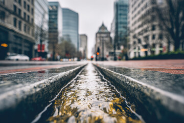 Obraz premium Urban drainage channel runs along street between tall modern buildings with water reflecting city lights on cloudy day creating moody cityscape atmosphere