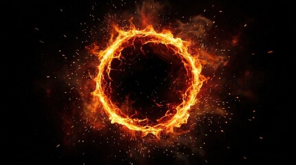 Fototapeta premium A scorched ring of fire with intense flames and sparks, blazing fire portal suspended in dark space with hot radiant energy, ultra-realistic, no logos.