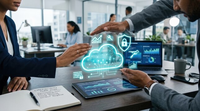 Business hands protecting cloud computing data with digital security icons and charts on a modern office desk, technology strategy and cybersecurity planning concept, realistic detail, no logos