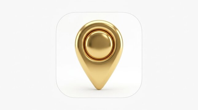 A golden map pointer isolated on a white background, glossy navigation pin with metallic finish and sleek travel app icon styling, ultra-realistic, no logos.