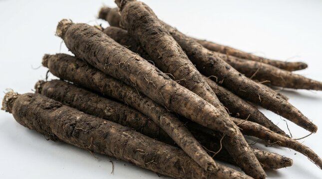 A pile of raw salsify roots isolated on a white background, earthy uncooked root vegetables with rough natural texture and fresh farm produce appeal, ultra-realistic, no logos.