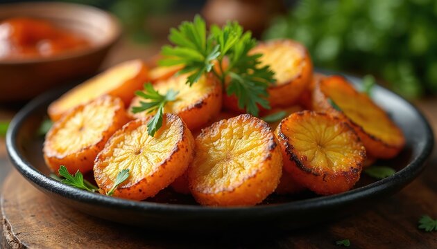 Ripe fried plantain slices served on black plate. Delicious African staple food dish garnished with fresh green herbs. Tasty sweet snack, side meal.