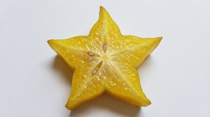 Fototapeta premium Bright yellow star fruit slice isolated on a white background, translucent juicy flesh and crisp star shape, fresh tropical fruit mood, ultra-realistic, no logos.