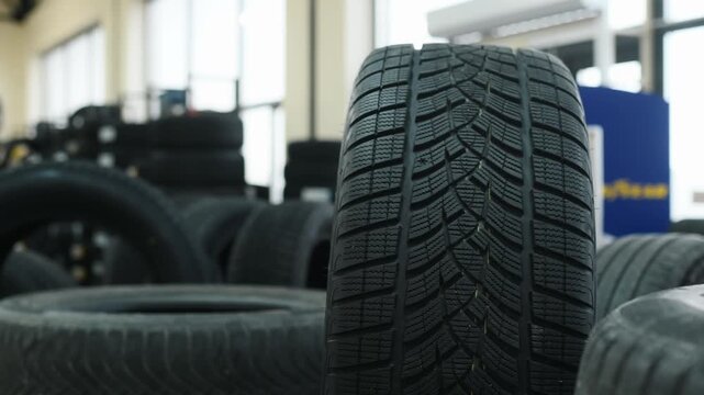 Close-up view of four stacked black car tires showcasing detailed tread patterns and textures in a well-lit automotive workshop environment