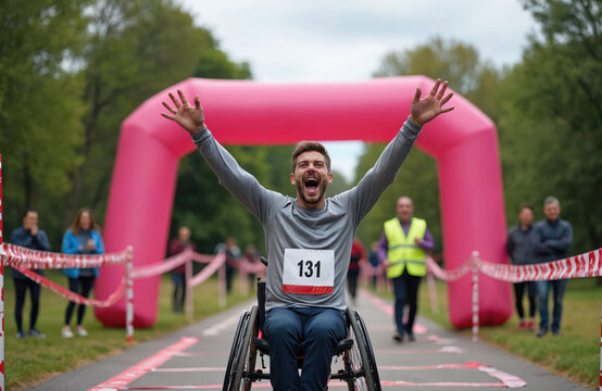 Man in wheelchair joyfully crosses finish line at charity race. Excited competitor celebrates victory, achieving personal goal in sport event. Friends, family cheer during outdoor marathon